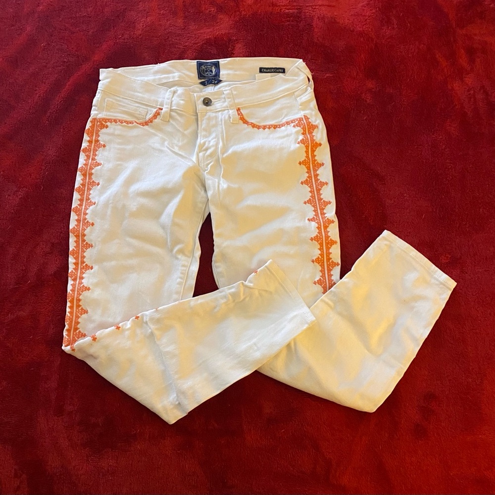 Irving Fine Edition White Jeans with Orange Embroidery